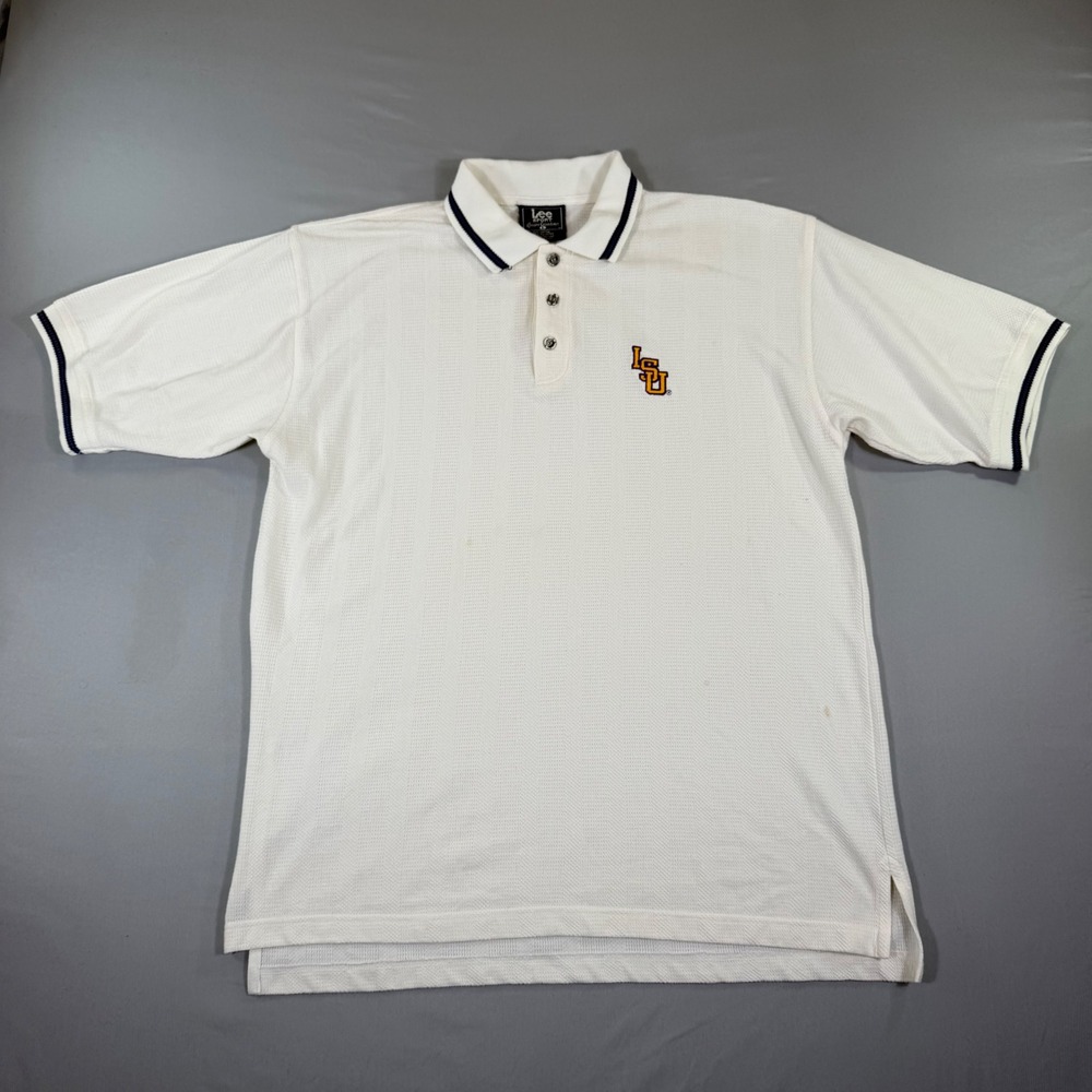 Vintage LSU Tigers Polo Shirt Mens Large White Textured Knit Football Gameday